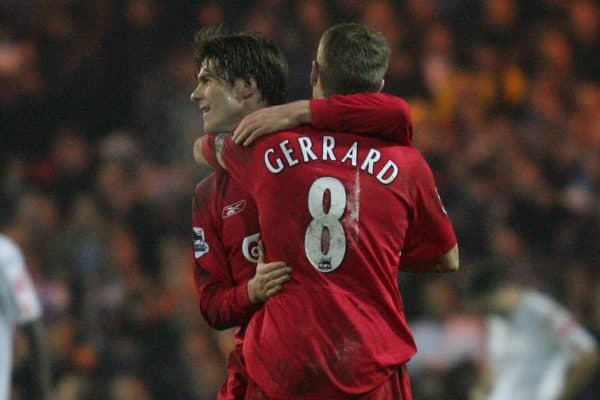 LUTON, ENGLAND - SATURDAY, JANUARY 7th, 2006: Liverpool's Xabi Alonso celebrates scoring the fifth goal against Luton Town with team-mate Steven Gerrard during the FA Cup 3rd Round match at Kenilworth Road. (Pic by David Rawcliffe/Propaganda)