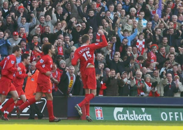 LIVERPOOL, ENGLAND - SATURDAY, FEBRUARY 18th, 2006: Liverpool Peter Crouch celebrates scoring the winning goal against Manchester United during the FA Cup 5th Round match at Anfield. (Pic by David Rawcliffe/Propaganda)