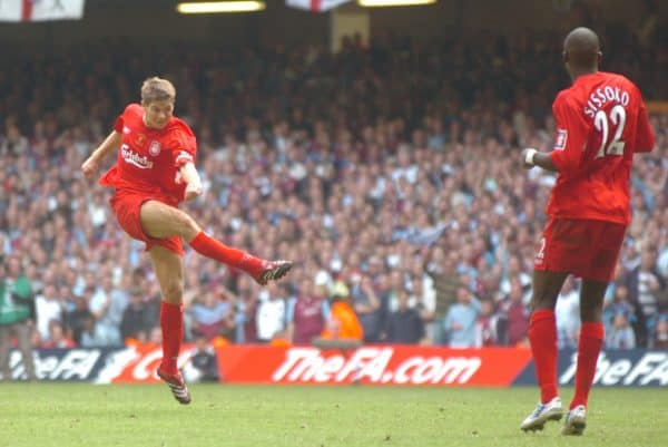 CARDIFF, WALES - SATURDAY, MAY 13th, 2006: Liverpool's Steven Gerrard scores the third goal against West Ham United during the FA Cup Final at the Millennium Stadium. (Pic by Jason Roberts/Propaganda)