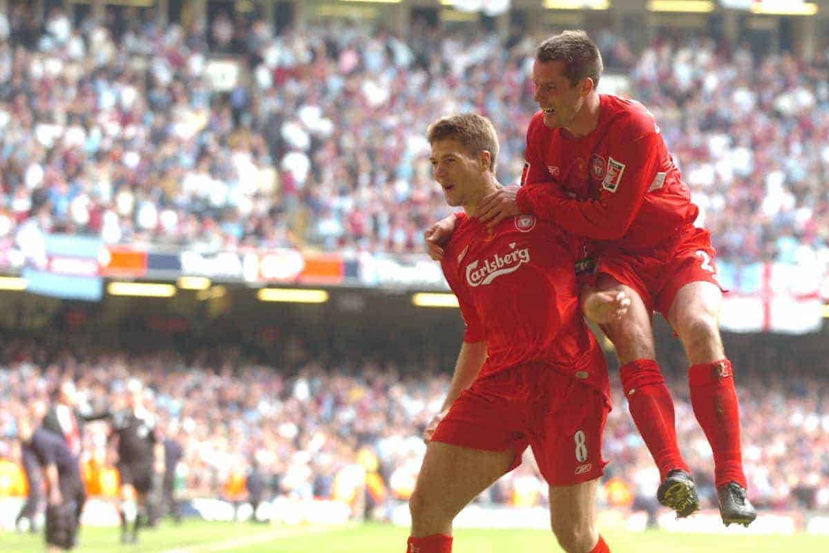 CARDIFF, WALES - SATURDAY, MAY 13th, 2006: Liverpool's Steven Gerrard celebrates scoring the third goal against West Ham United with his team-mate Jamie Carragher during the FA Cup Final at the Millennium Stadium. (Pic by Jason Roberts/Propaganda)