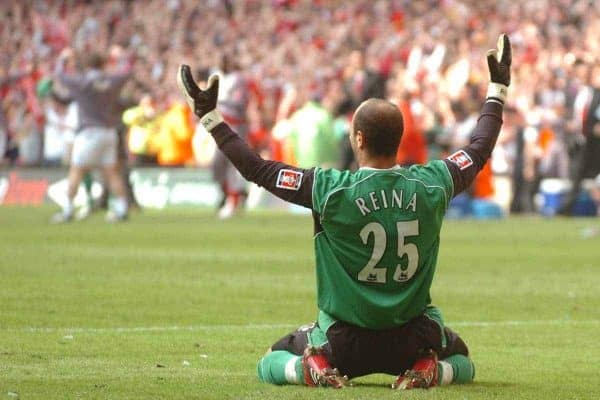 CARDIFF, WALES - SATURDAY, MAY 13th, 2006: Liverpool's goakeeper Jose Reina celebrates saving the last penalty shot from West Ham United's Anton Ferdinand to win the FA Cup during the FA Cup Final at the Millennium Stadium. (Pic by Jason Roberts/Propaganda)