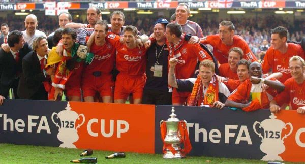 CARDIFF, WALES - SATURDAY, MAY 13th, 2006: Liverpool's Robbie Fowler, Pako Ayesteran, Boudewijn Zenden, Fernando Morientes, Jose Reina, Dietmar Hamann, Jerzy Dudek, Steven Gerrard, Jamie Carragher, Alex Miller, John Arne Riise, Peter Crouch, Jan Kromkamp, Xabi Alonso, Momo Sissoko, Steve Finnan and Sami Hyypia celebrate winning the FA Cup after beating West Ham United in the Final at the Millennium Stadium. (Pic by Jason Roberts/Propaganda)