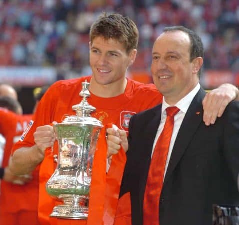 CARDIFF, WALES - SATURDAY, MAY 13th, 2006: Liverpool's Steven Gerrard and manager Rafael Benitez lift up the FA Cup after victory over West Ham United after the FA Cup Final at the Millennium Stadium. (Pic by Jason Roberts/Propaganda)