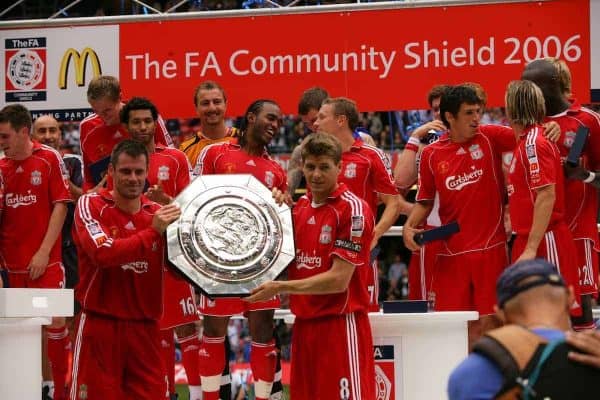 CARDIFF, WALES - SUNDAY, AUGUST 13th, 2006: Liverpool's captain Steven Gerrard and vice captain Jamie Carragher lift the Community Shield after beating Chelsea 2-1at the Millennium Stadium. (Pic by David Rawcliffe/Propaganda)