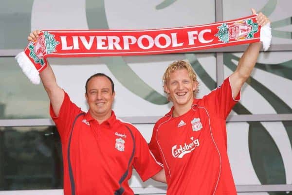 LIVERPOOL, ENGLAND - FRIDAY, AUGUST 18th, 2006: Liverpool's manager Rafael Benitez with new signing Netherland's striker Dirk Kuyt outside the reception at the club's Melwood Training Ground. (Pic by David Rawcliffe/Propaganda)