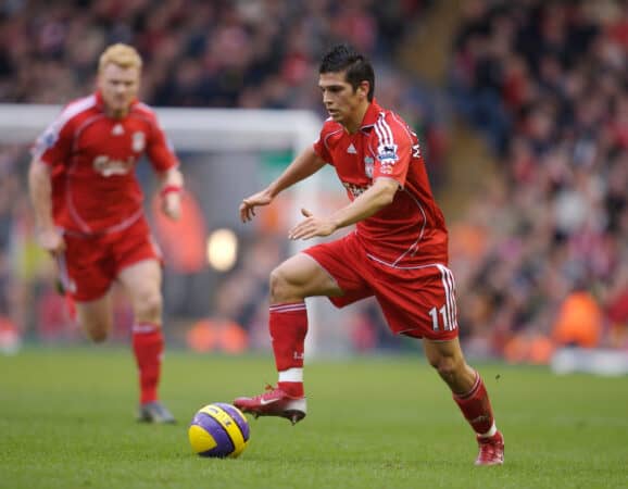 Liverpool, England - Monday, January 1, 2007: Liverpool's Mark Gonzalez in action against Bolton Wanderers during the Premiership match at Anfield. (Pic by David Rawcliffe/Propaganda)