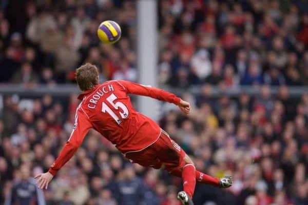 Liverpool, England - Monday, January 1, 2007: Liverpool's Peter Crouch scores a spectacular overhead kick goal against Bolton Wanderers during the Premiership match at Anfield. (Pic by David Rawcliffe/Propaganda)