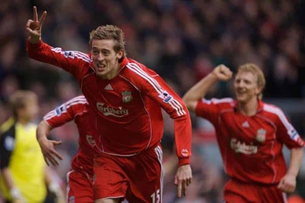 Liverpool, England - Monday, January 1, 2007: Liverpool's Peter Crouch celebrates scoring a spectacular overhead kick goal against Bolton Wanderers during the Premiership match at Anfield. (Pic by David Rawcliffe/Propaganda)