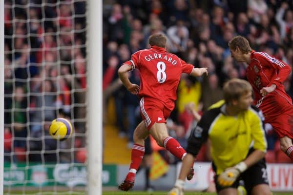 Liverpool, England - Monday, January 1, 2007: Liverpool's Steven Gerrard celebrates scoring the second goal as Bolton Wanderers' goalkeeper Jussi Jaaskelainen looks dejected during the Premiership match at Anfield. (Pic by David Rawcliffe/Propaganda)