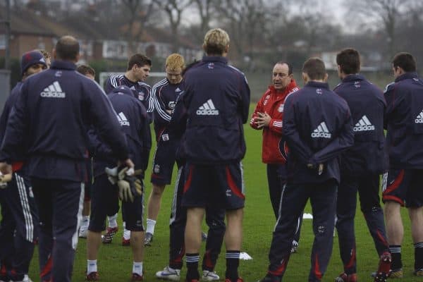 Liverpool, England - Friday, January 1, 2007: Liverpool's manager Rafael Benitez gives a team talk before training at Melwood ahead of the all Premiership FA Cup 3rd Round match against Arsenal at Anfield. (Pic by David Rawcliffe/Propaganda)