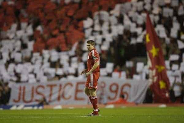 Liverpool, England - Saturday, January 6, 2007: Liverpool's captain Steven Gerrard on as the fans on the Spion Kop hold up a mosaic calling for Justice for the 96 supporters who died at the Hillsborough disaster in 1989 during the FA Cup 3rd Round match against Arsenal at Anfield. (Pic by David Rawcliffe/Propaganda)