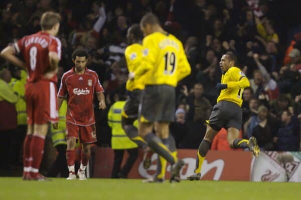 Liverpool, England - Saturday, January 6, 2007: Arsenal's Thierry Henry celebrates scoring third goal against Liverpool during the FA Cup 3rd Round match at Anfield. (Pic by David Rawcliffe/Propaganda)