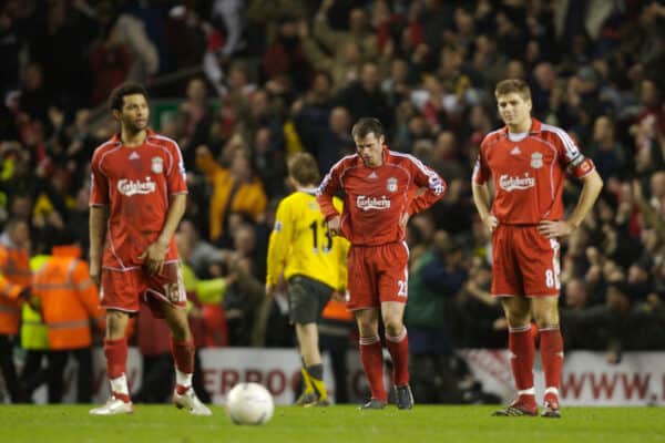 Liverpool, England - Saturday, January 6, 2007: Liverpool's Jermaine Pennant, Jamie Carragher, Steven Gerrard and Dirk Kuyt look dejected as Arsenal's Thierry Henry celebrates scoring the third goal during the FA Cup 3rd Round match at Anfield. (Pic by David Rawcliffe/Propaganda)