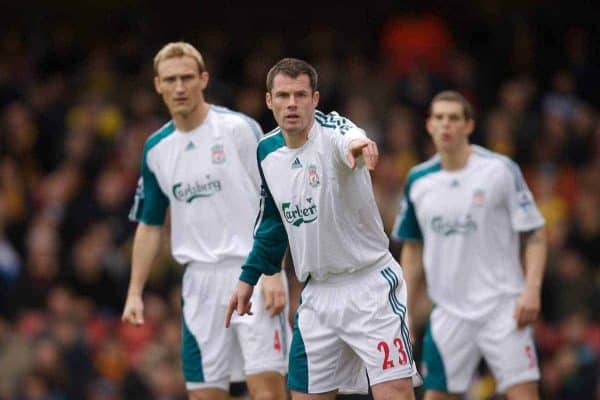 Watford, England - Saturday, January 13, 2007: Liverpool's defenders Jamie Carragher (C), Sami Hyypia and Daniel Agger in action against Watford during the Premiership match at Vicarage Road. (Pic by David Rawcliffe/Propaganda)