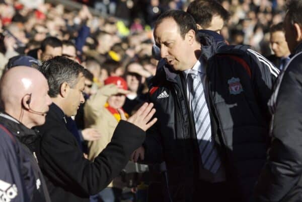 Liverpool, England - Saturday, January 20, 2007: Liverpool's manager Rafael Benitez and Chelsea's head coach Jose Mourinho before the Premier League match at Anfield. (Pic by David Rawcliffe/Propaganda)