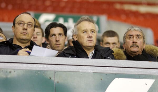 Liverpool, England - Friday, January 26, 2007: Liverpool's manager Rafael Benitez, Chief-Executive Rick Parry and Chairman David Moores watch the youth side take on Reading during the FA Youth Cup 5th Round match at Anfield. (Pic by David Rawcliffe/Propaganda)