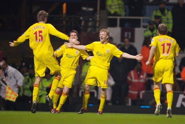 London, England - Tuesday, January 30, 2007: Liverpool's Dirk Kuyt celebrates scoring the opening goal against West Ham United with team-mates Peter Crouch and Steve Finnan during the Premiership match at Upton Park. (Pic by David Rawcliffe/Propaganda)