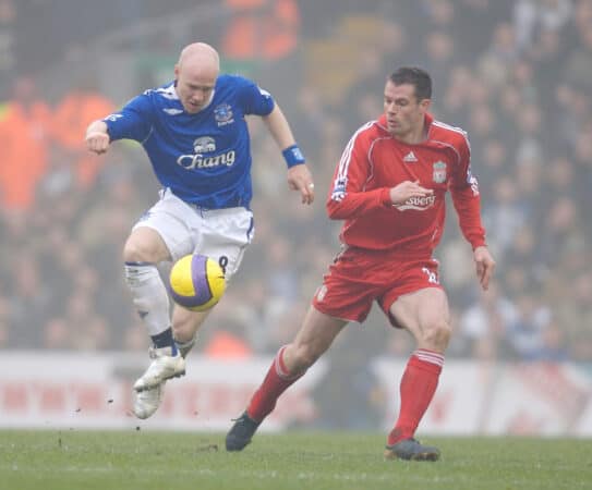 Liverpool, England - Saturday, February 3, 2007: Liverpool's Jamie Carragher and Everton's Andy Johnson during the Merseyside Derby Premiership match at Anfield. (Pic by David Rawcliffe/Propaganda)