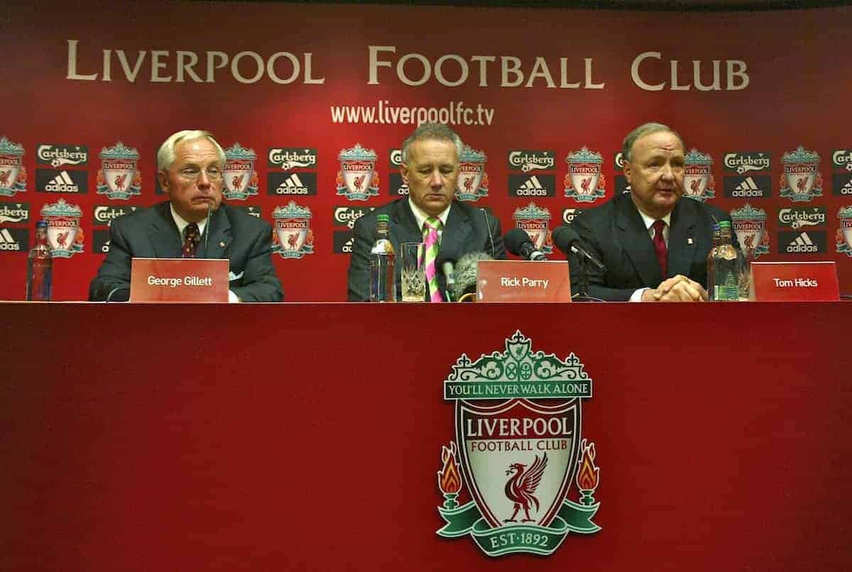 Liverpool, England - Tuesday, February 6th, 2007: Liverpool FC Chief-Executive Rick Parry (C) with American tycoons George Gillett (L) and Tom Hicks (R) after announcing their take-over of Liverpool Football Club in a deal worth around £470 million. Texan billionaire Hicks, who owns the Dallas Stars ice hockey team and the Texas Rangers baseball team, has teamed up with Montreal Canadiens owner Gillett to put together a joint £450m package to buy out shareholders, service the club's existing debt and provide funding for the planned new stadium in Stanley Park. (Pic by Dave Kendall/Propaganda)