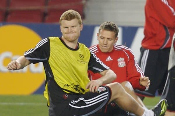 Barcelona, Spain - Tuesday, February 20, 2007: Liverpool's Craig Bellamy and John Arne Riise training ahead of the UEFA Champions League First Knockout Round 1st Leg match against FC Barcelona at the Nou Camp. (Pic by David Rawcliffe/Propaganda)