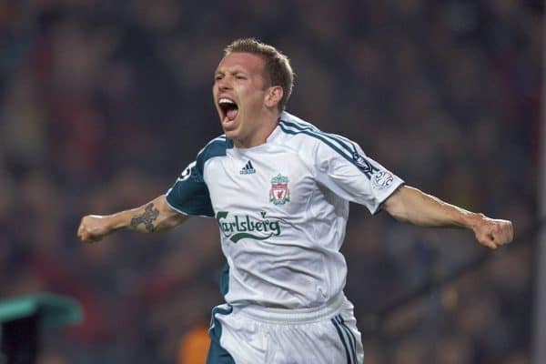 Barcelona, Spain - Wednesday, February 21, 2007: Liverpool's Craig Bellamy celebrates scoring the first goal against FC Barcelona during the UEFA Champions League First Knockout Round 1st Leg match at the Nou Camp. (Pic by David Rawcliffe/Propaganda)