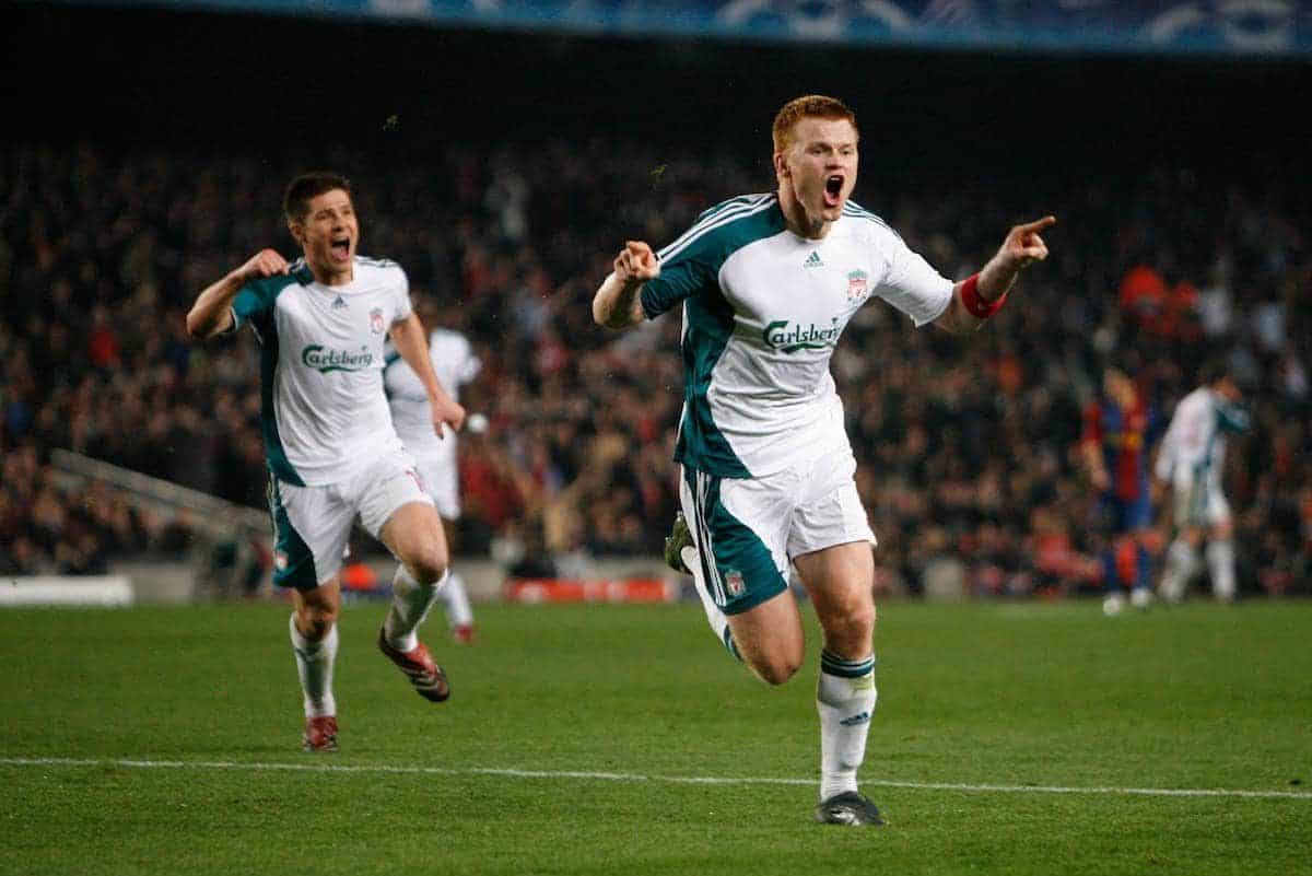 Barcelona, Spain - Wednesday, February 21, 2007: Liverpool's John Arne Riise celebrates winning the first goal against FC Barcelona during the UEFA Champions League First Knockout Round 1st Leg match at the Nou Camp. (Pic by David Rawcliffe/Propaganda)