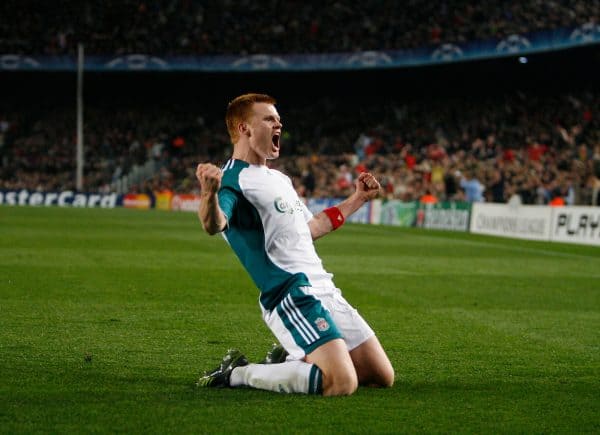 Barcelona, Spain - Wednesday, February 21, 2007: Liverpool's John Arne Riise celebrates winning the first goal against FC Barcelona during the UEFA Champions League First Knockout Round 1st Leg match at the Nou Camp. (Pic by David Rawcliffe/Propaganda)