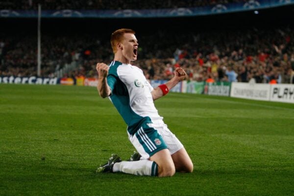 Barcelona, Spain - Wednesday, February 21, 2007: Liverpool's John Arne Riise celebrates winning the first goal against FC Barcelona during the UEFA Champions League First Knockout Round 1st Leg match at the Nou Camp. (Pic by David Rawcliffe/Propaganda)