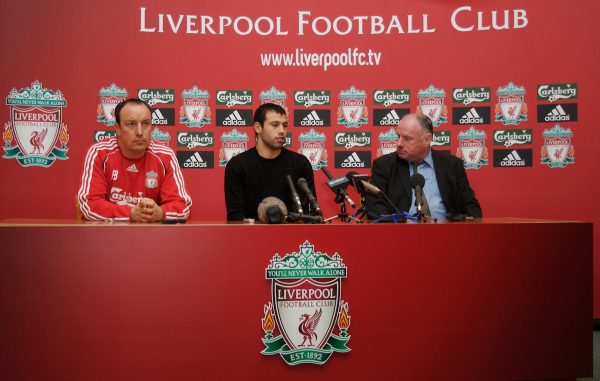 Liverpool, England - Friday, February 23, 2007: Liverpool's new signing Javier Mascherano with manager manager Rafael Benitez at a photo-call at the club's Melwood Training Ground. (Pic by David Rawcliffe/Propaganda)