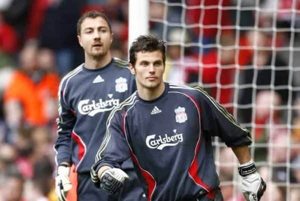 Liverpool, England - Saturday, February 24, 2007: Liverpool's goalkeeper Daniele Padelli and goalkeeper Jerzy Dudek before the Premiership match against Sheffield United at Anfield. (Pic by David Rawcliffe/Propaganda)