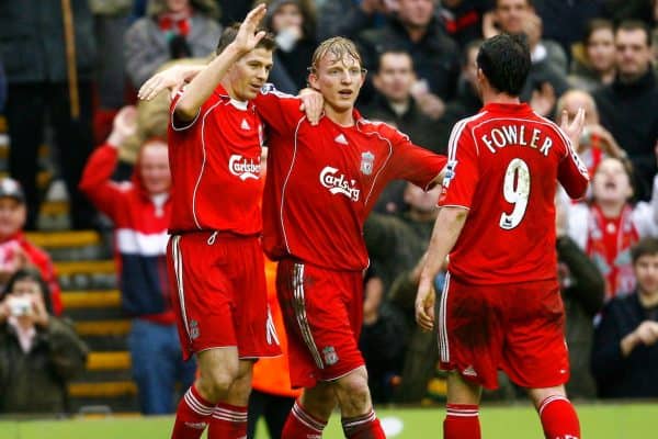 Liverpool, England - Saturday, February 24, 2007: Liverpool's captain Steven Gerrard celebrates scoring the fourth goal against Sheffield United, with his team-mate Robbie Fowler and Dirk Kuyt during the Premiership match at Anfield. (Pic by David Rawcliffe/Propaganda)