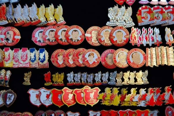 Liverpool, England - Saturday, March 3, 2007: Pin badges of Liverpool Football Club for sale outside Anfield. (Pic by David Rawcliffe/Propaganda)