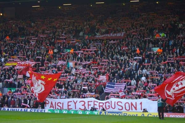 Liverpool, England - Saturday, March 3, 2007: Liverpool fans on the famous Spion Kop before the Premiership match against Manchester United at Anfield. (Pic by David Rawcliffe/Propaganda)