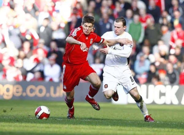 Liverpool, England - Saturday, March 3, 2007: Liverpool's captain Steven Gerrard and Manchester United's Wayne Rooney during the Premiership match at Anfield. (Pic by David Rawcliffe/Propaganda)