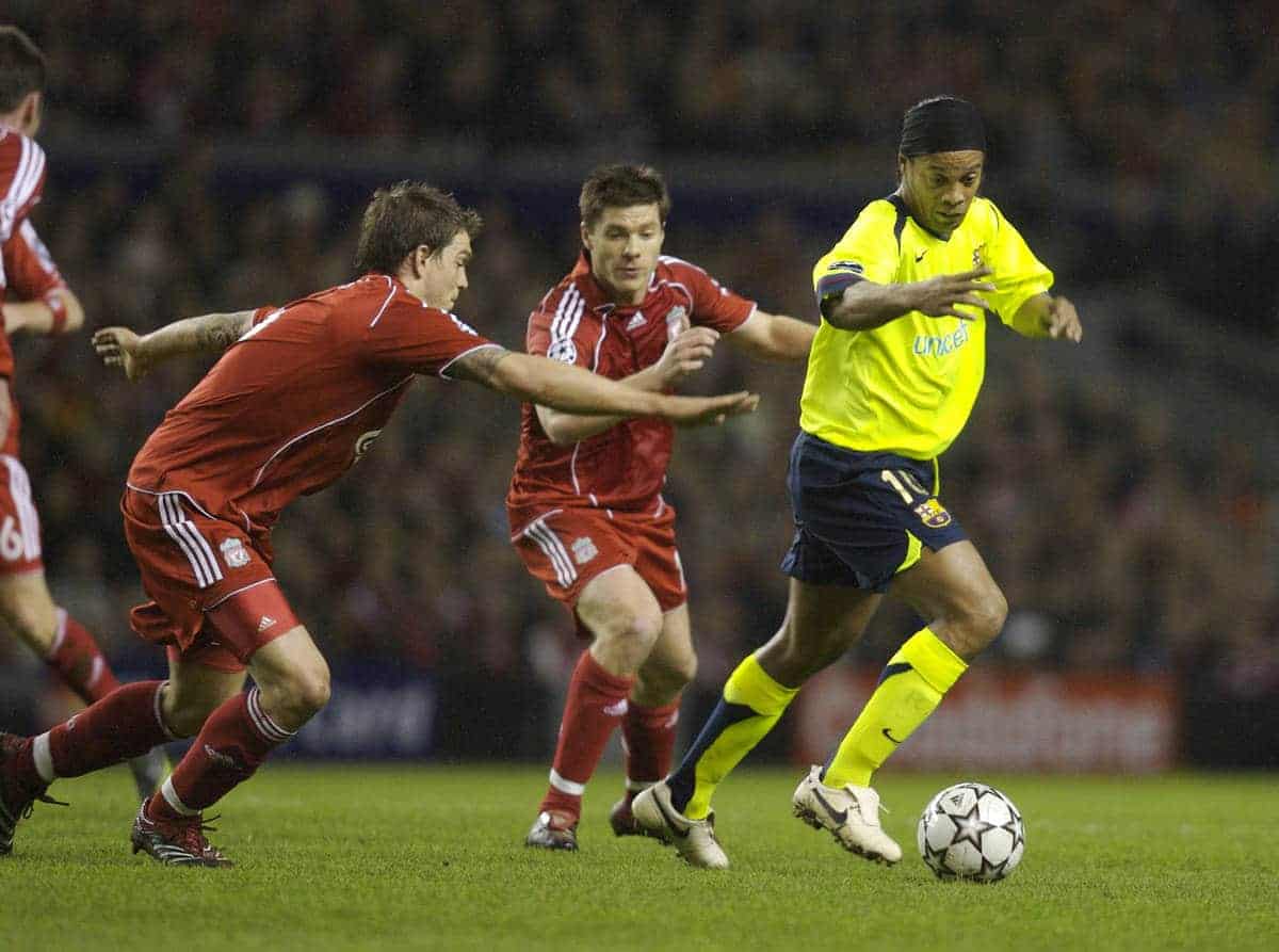 Liverpool, England - Tuesday, March 6, 2007: Liverpool's Daniel Agger and Xabi Alonso chase FC Barcelona's Ronaldinho during the UEFA Champions League First Knockout Round 2nd Leg at Anfield. (Pic by David Rawcliffe/Propaganda)