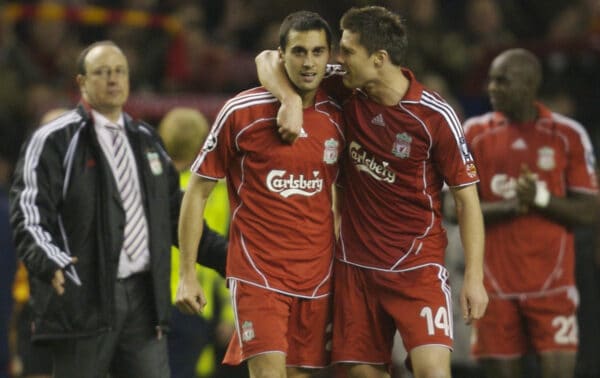 Liverpool, England - Tuesday, March 6, 2007: Liverpool's captain Xabi Alonso celebrates with team-mate Alvaro Arbeloa at the final whistle after knocking-out current holders FC Barcelona 2-2 on aggregate during the UEFA Champions League First Knockout Round 2nd Leg at Anfield. (Pic by David Rawcliffe/Propaganda)