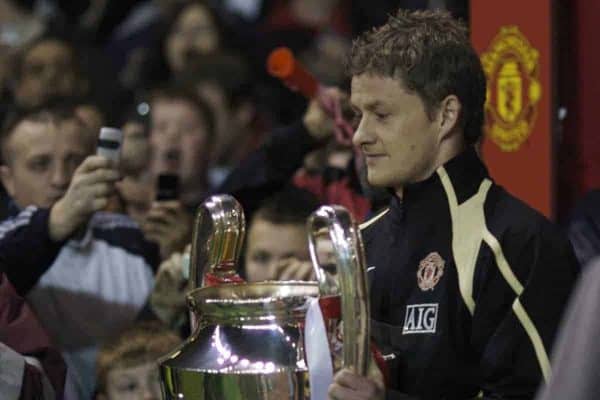 Manchester, England - Tuesday, March 13, 2007: Manchester United's Ole Gunnar Solskjaer walks out at Old Trafford with the European Champions' Cup, which he helped win for United in 1999, before the UEFA Celebration Match against a Europe XI. (Pic by David Rawcliffe/Propaganda)