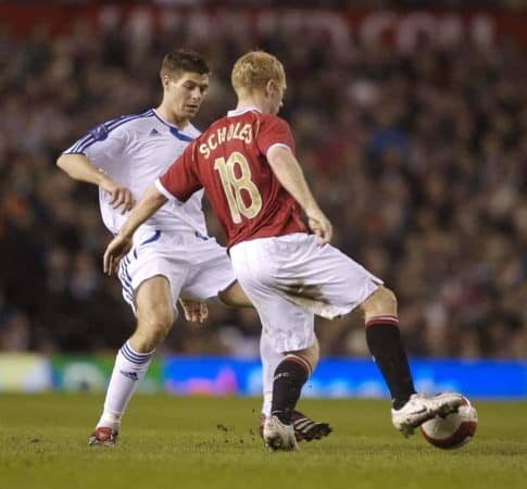 Manchester, England - Tuesday, March 13, 2007: Manchester United's Paul Scholes and Europe XI's Steven Gerrard during the UEFA Celebration Match at Old Trafford. (Pic by David Rawcliffe/Propaganda)