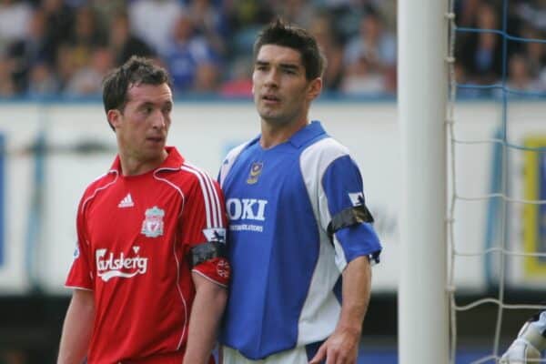 Portsmouth, England: Saturday, April 28, 2007: Liverpool's Robbie Fowler in action against Portsmouth's Richard Hughes during the Premiership match at Fratton Park (Pic by Chris Ratcliffe/Propaganda)