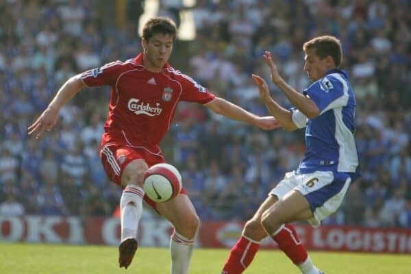 Portsmouth, England: Saturday, April 28, 2007: Liverpool's Xabi Alonso and Portsmouth's Gary O'Neil during the Premiership match at Fratton Park (Pic by Chris Ratcliffe/Propaganda)