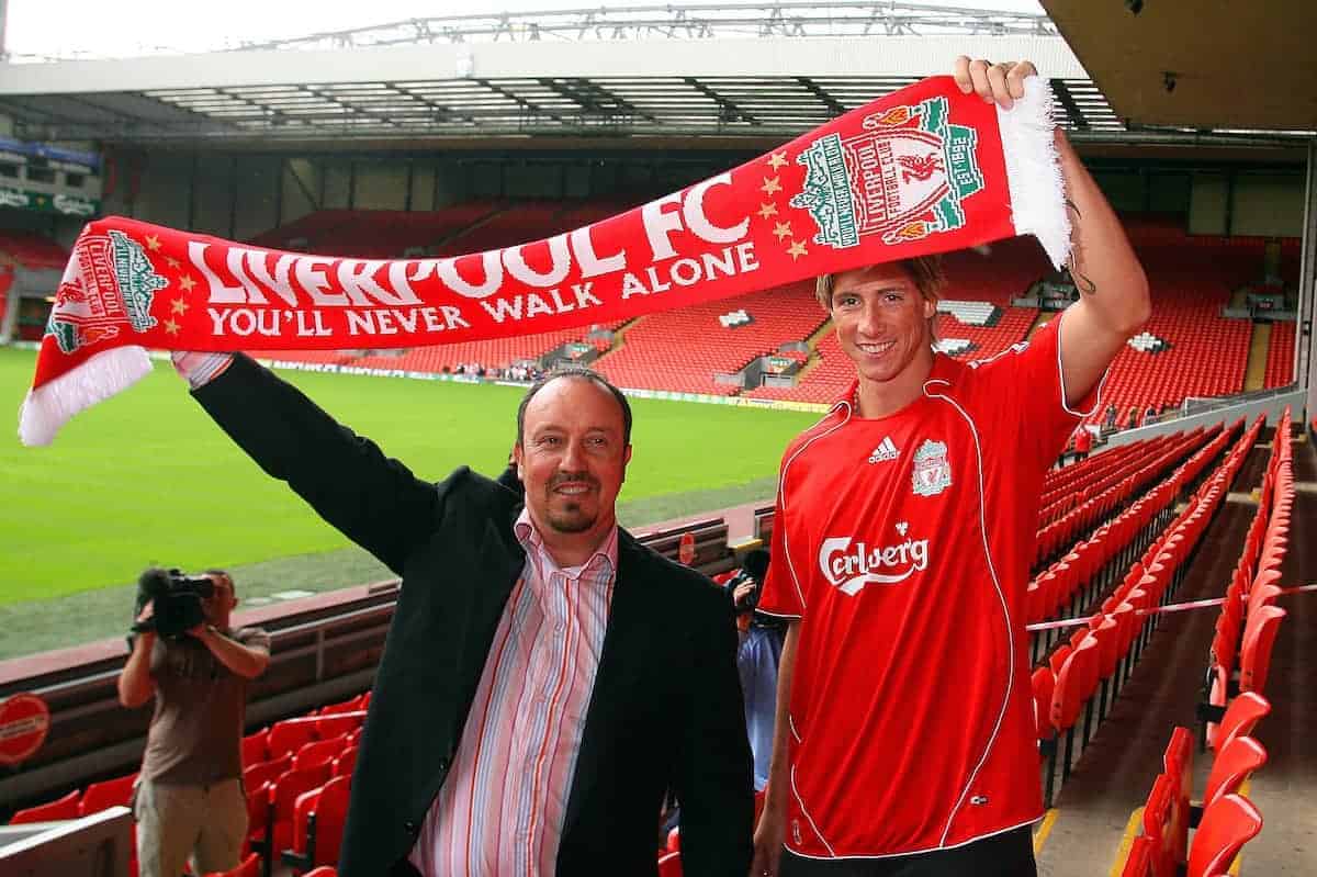 Liverpool, England - Wednesday, July 4, 2007: Liverpool's new signing Fernando Torres with manage Rafael Benitez at Anfield following his £26m transfer from Atletico Madird, a club record transfer fee. (Photo by David Rawcliffe/Propaganda)