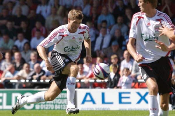 Crewe, England - Saturday, July 14, 2007: Liverpool's captain Steven Gerrard MBE in action against Crewe Alexandra during a pre-season friendly at Gresty Road. (Photo by David Rawcliffe/Propaganda)