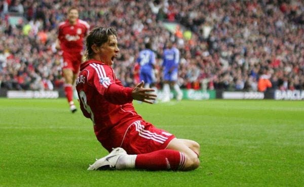 Liverpool, England - Sunday, August 19, 2007: Liverpool's Fernando Torres celebrates scoring the opening goal against Chelsea during the Premiership match at Anfield. (Photo by David Rawcliffe/Propaganda)