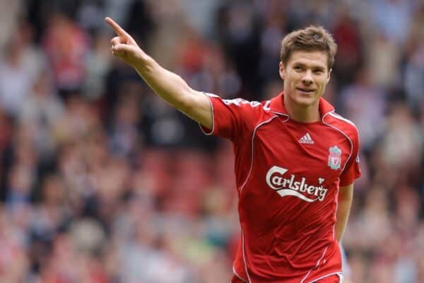 Liverpool, England - Saturday, September 1, 2007: Liverpool's Xabi Alonso celebrates scoring the fourth goal against Derby County during the Premiership match at Anfield. (Photo by David Rawcliffe/Propaganda)