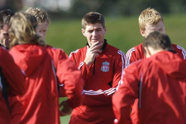 Liverpool, England - Tuesday, October 2, 2007: Liverpool's Steven Gerrard MBE during training at Melwood ahead of the UEFA Champions League Group A match against Olympique de Marseille. (Photo by David Rawcliffe/Propaganda)