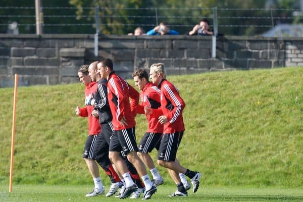 Liverpool, England - Tuesday, October 2, 2007: Liverpool's players training at Melwood watched by fans looking over the wall ahead of the UEFA Champions League Group A match against Olympique de Marseille. (Photo by David Rawcliffe/Propaganda)