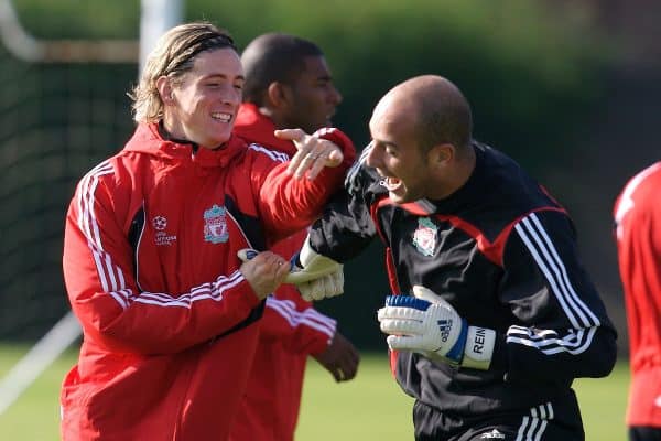 Liverpool, England - Tuesday, October 2, 2007: Liverpool's Fernando Torres and goalkeeper Jose Pepe Reina training at Melwood ahead of the UEFA Champions League Group A match against Olympique de Marseille. (Photo by David Rawcliffe/Propaganda)