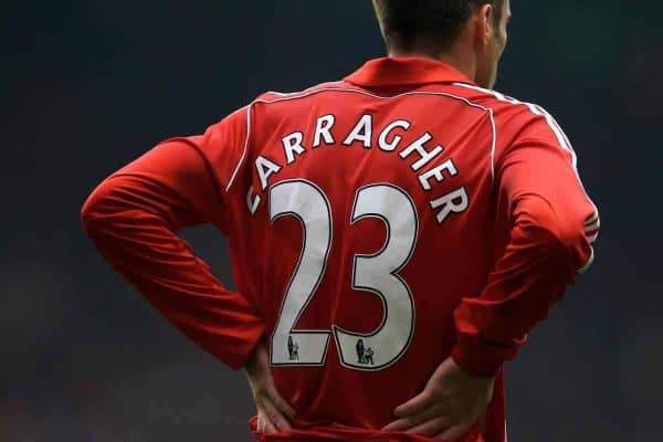 Liverpool, England - Sunday, October 7, 2007: Liverpool's Jamie Carragher in action against Tottenham Hotspur during the Premiership match at Anfield. (Photo by David Rawcliffe/Propaganda)