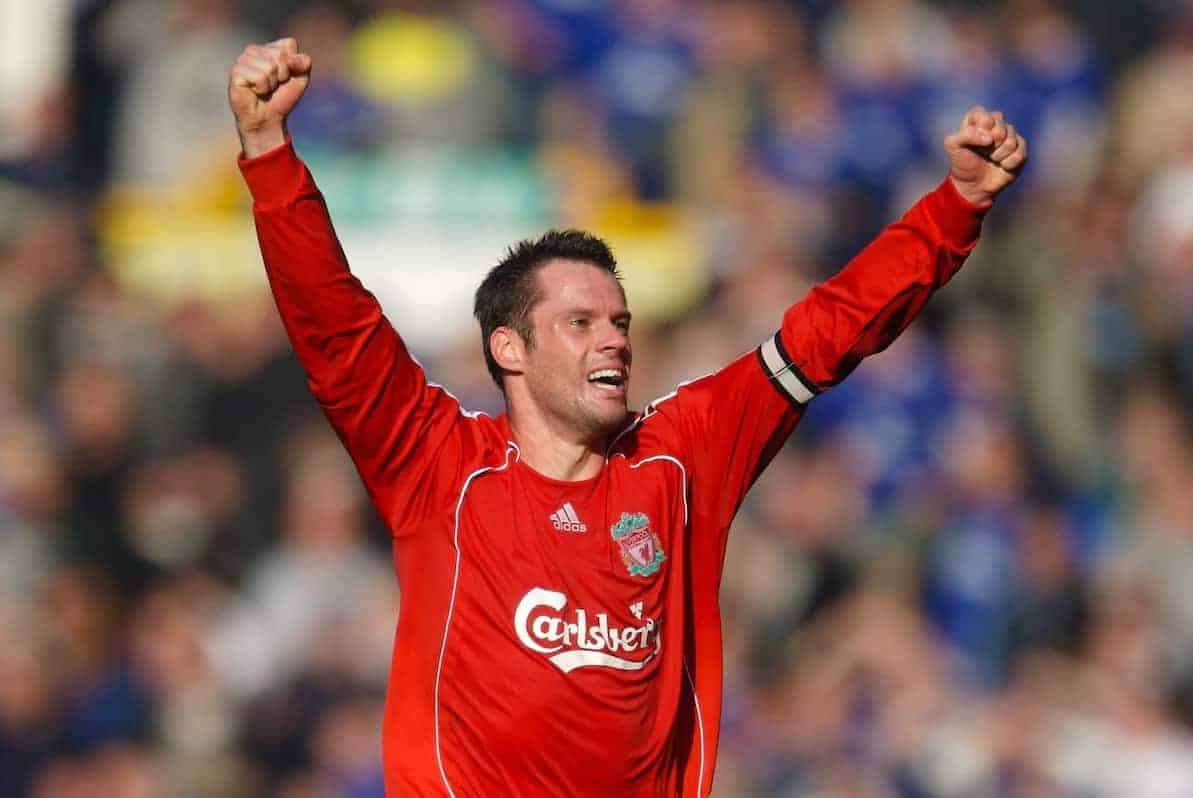 Liverpool, England - Saturday, October 20, 2007: Liverpool's Jamie Carragher celebrates beating Everton 2-1 during the 206th Merseyside Derby match at Goodison Park. (Photo by David Rawcliffe/Propaganda)