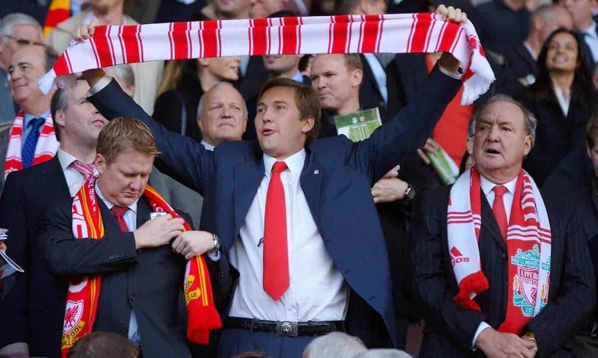 LIVERPOOL, ENGLAND - Sunday, October 28, 2007: Tom Hicks Junior, son of Liverpool's co-owner Tom Hicks holds his scarf aloft to sing 'You'll Never Walk Alone' next to his father during the Premiership match against Arsenal at Anfield. (Photo by David Rawcliffe/Propaganda)